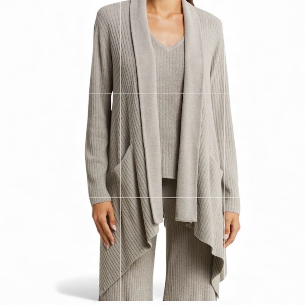 Barefoot Dreams CozyChic Ultra Lite Ribbed Draped Shawl Collar Cardi Medium - Picture 8 of 8
